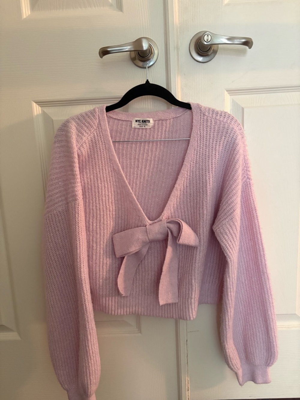 NYC Kisses Pink Bow-Tie V-Neck Sweater